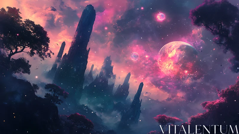 Stellar nebula skyline over alien spires in magenta dusk.