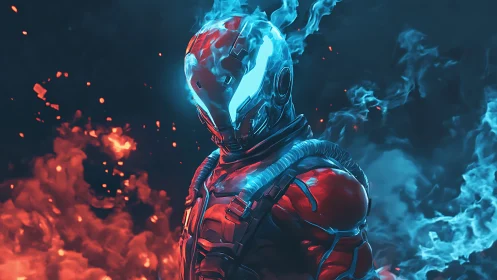 Armored humanoid figure in blue flames against red embers.