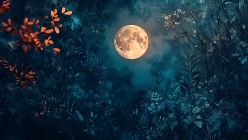 Digital painting of full moon framed by nocturnal foliage.