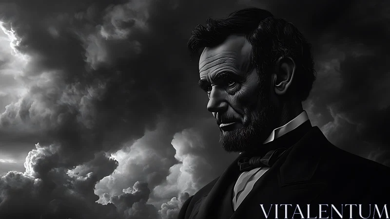 Solemn monochrome portrait of a bearded man in storm clouds.