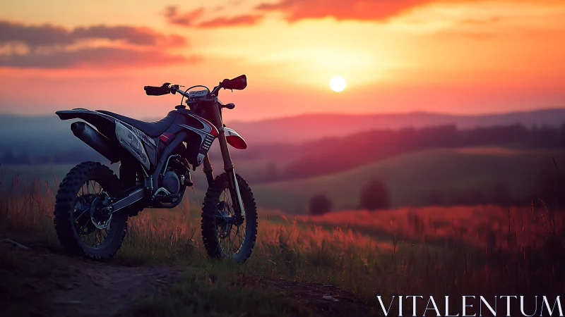 Off-road motorcycle rests against a glowing sunset horizon