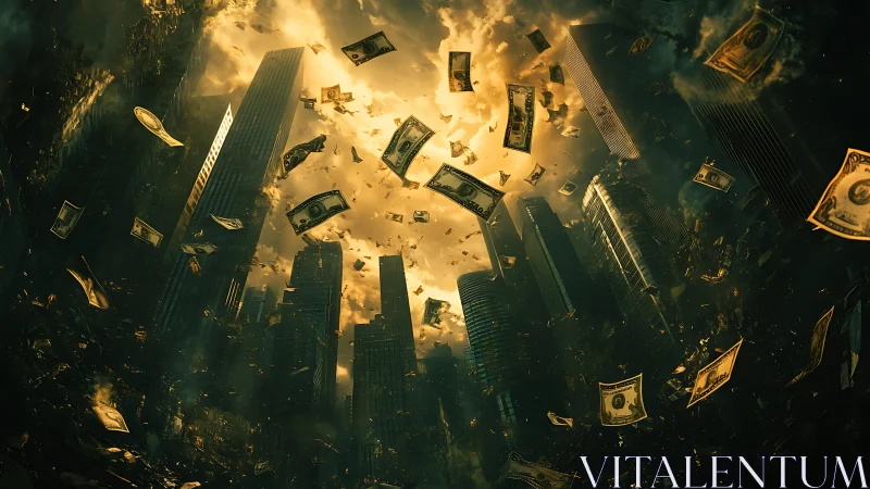 Storm of burning money above a crumbling golden skyline.