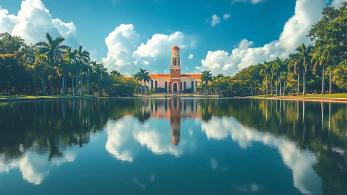 Symmetrical lakeside campus tower under vivid tropical sky.