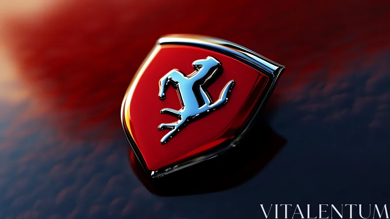 Chrome creature emblem gleaming on deep red auto hood.