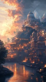 Golden riverfront temple city glowing in gentle twilight.