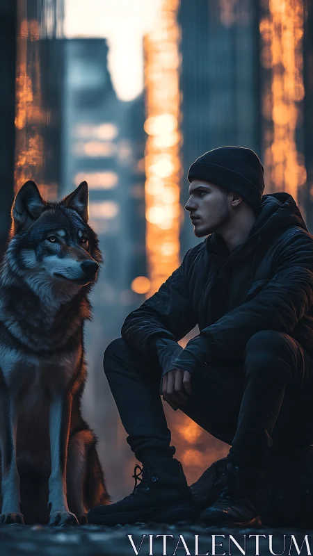 Urban dusk portrait of hooded man with wolf companion, bokeh