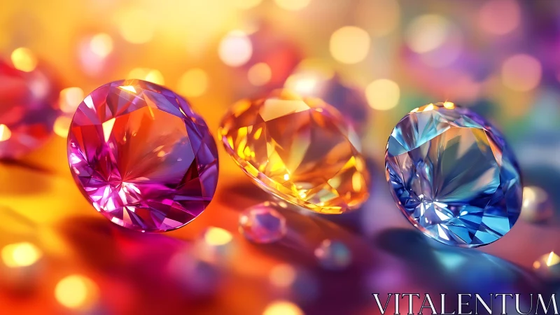 Prismatic jewel trio basking in bokeh-tinted stardust.