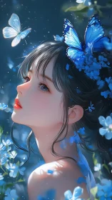 Gentle girl in blue butterflies and glowing moonlit petals.