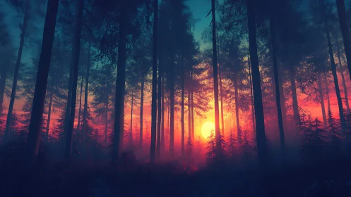Forest Sunrise Through Tall Trees with Sky Gradient