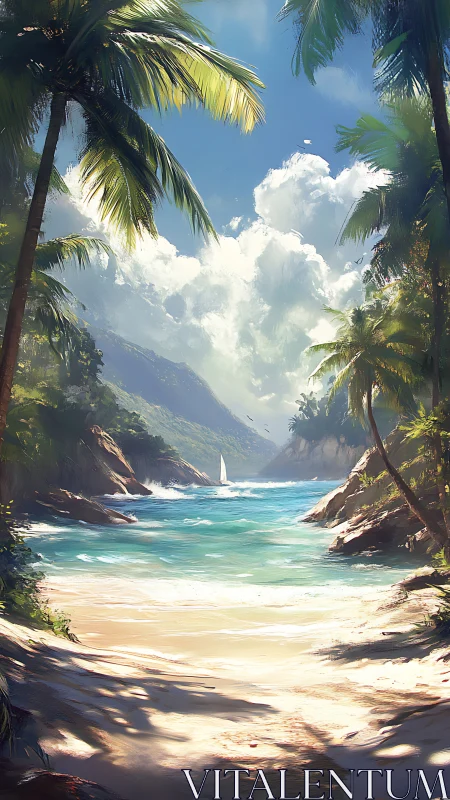 Tropical Coastal Cove with Palm Trees and Sailboat.