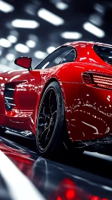 Red sports coupe rear view under bright studio lights.