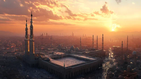 Grand mosque cityscape glows under dense golden sunset sky
