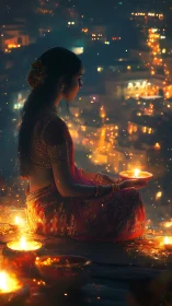 Woman holding oil lamp amid dense city lights at night.