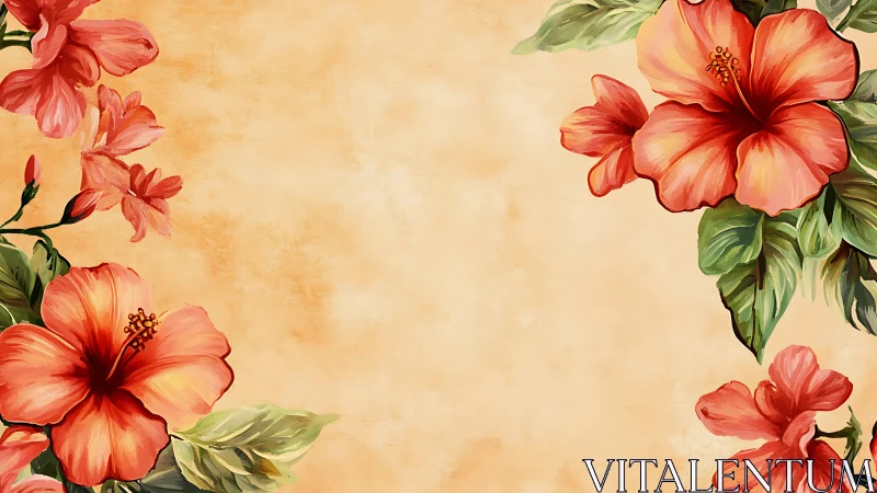 Coral Hibiscus Blooms Dance Across Cream Canvas