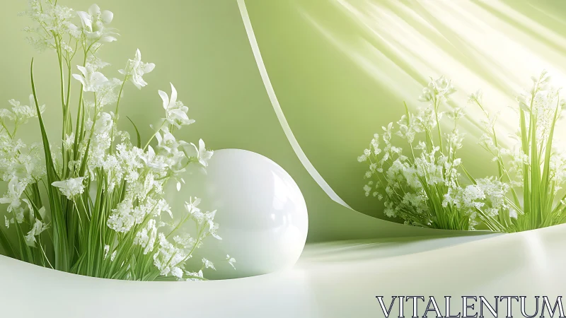 White wildflowers surround glossy orb in soft green field.