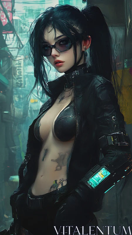 Cyberpunk street operative in tactical bodysuit with HUD bracer