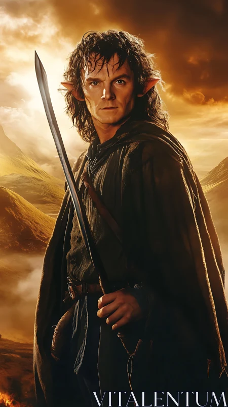 Elf warrior holds sword against mountainous sunset landscape