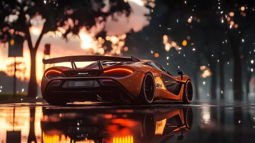Orange supercar reflects on wet street under glowing sparks