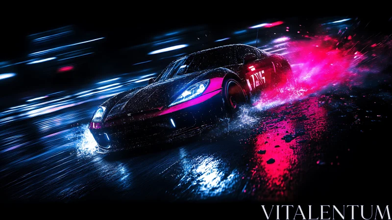 Neon-lit sports car drifting through wet cyberpunk city street