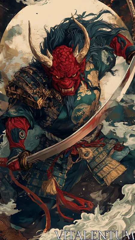 Demonic samurai warrior lunges forward with curved katana strike