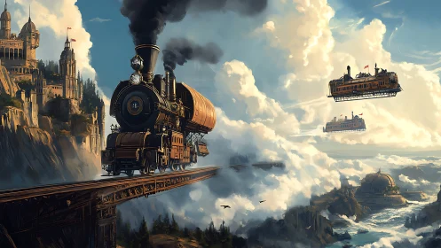 Steam-powered sky train glides above clouds toward cliff city