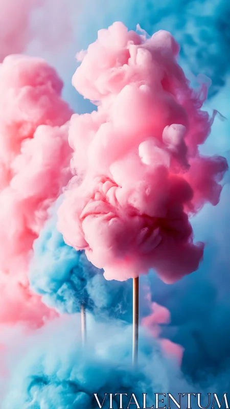 Pink and blue cotton candy sticks in colored vapor field.