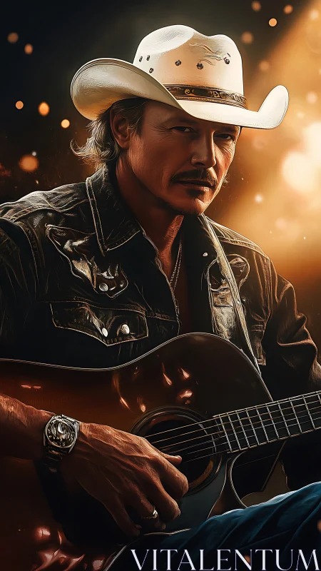 Cowboy guitarist in studio lighting with acoustic instrument.