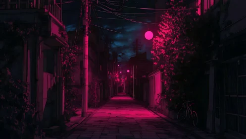 Quiet alleyway under neon pink night street lighting.