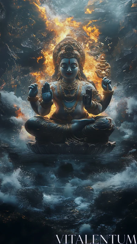 Divine blue deity floating between stormfire and ocean calm.