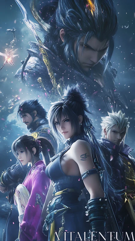 Fantasy warrior ensemble in blue-lit mystical environment.