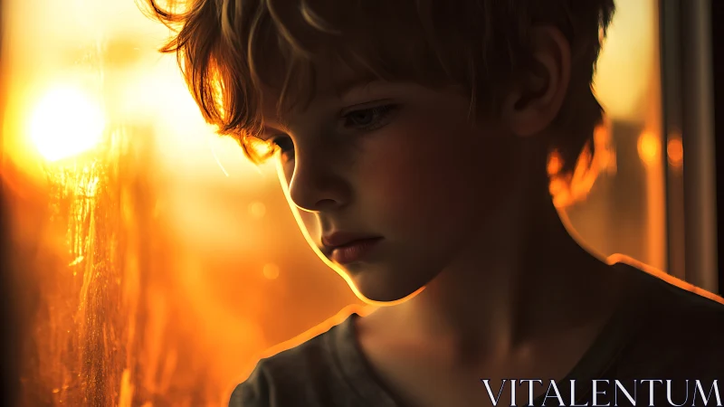 Pensive child gazes through a sunset-lit window in silence