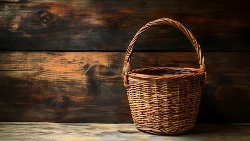 Woven basket resting softly against rustic wooden boards.