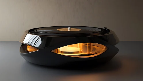 Sleek modern record player glows warmly with golden light