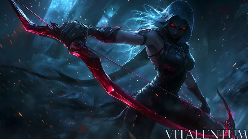 Shadow archer draws glowing crimson bow in dark forest