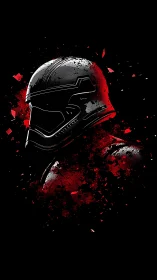Futuristic black helmet erupts through red shattered chaos