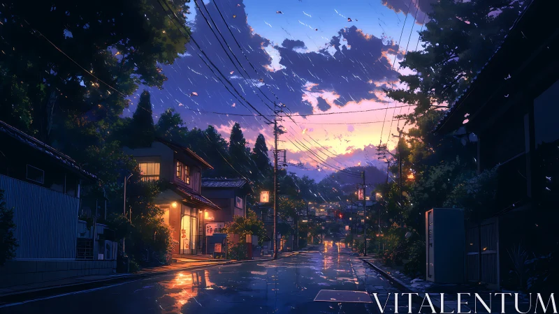Quiet wet street at dusk in stylized anime town.