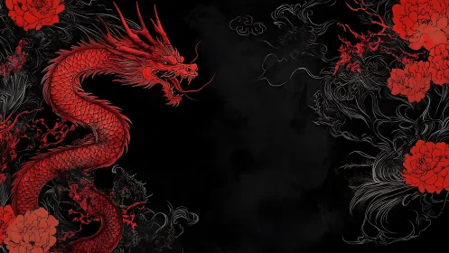 Red oriental dragon coils amid floral smoke on black field