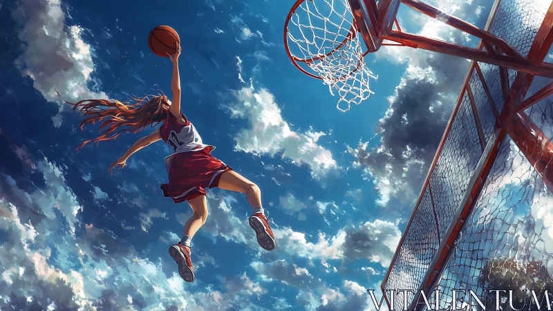 Aerial basketball dunk with dynamic anime sky rendering.