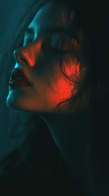 Moody side profile portrait glows in neon red and teal light