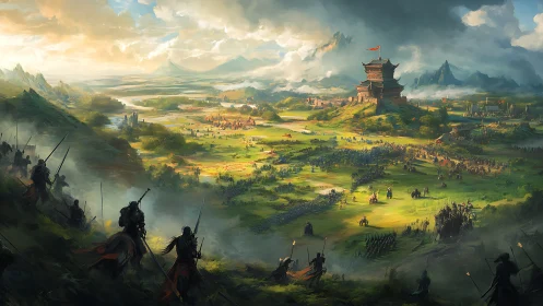 Medieval armies converge on fortified hilltop stronghold.