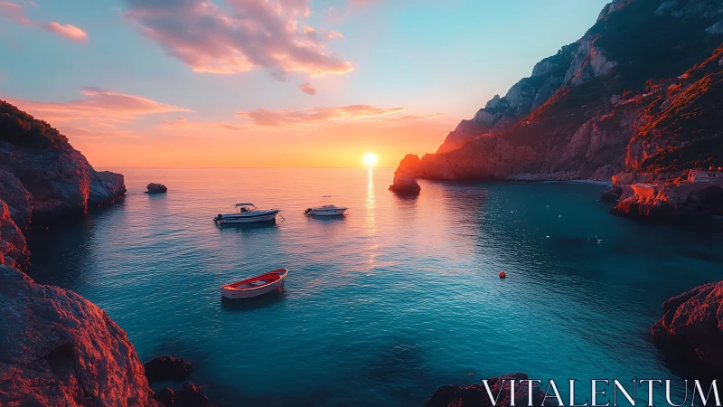 Gentle seaside sunset cradling quiet boats between cliffs.
