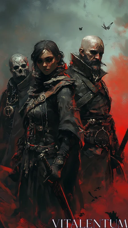 Dark robed warriors with skull companion in red mist.