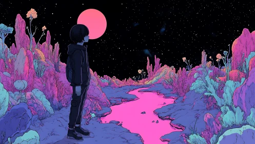 Chromatic alien canyonscape with solitary observer under neon moon.