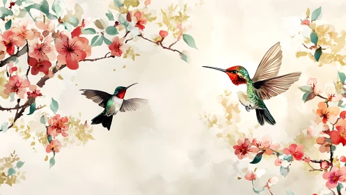 Watercolor hummingbirds interact amid blossoming cherry boughs