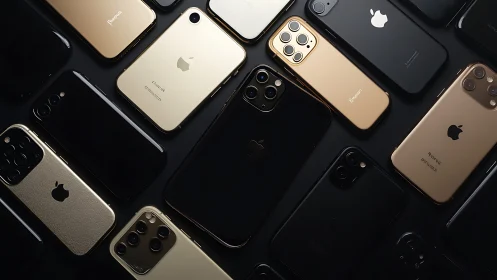 Shimmering gold and black iPhones create a sleek tech mosaic
