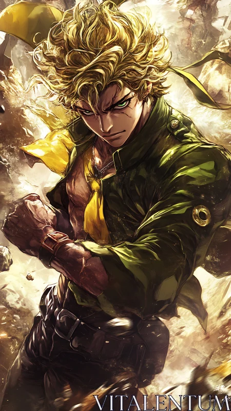 Intense blond anime fighter in torn green jacket stands ready.
