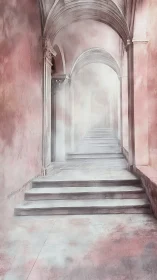 Blush marble arcade drifting into a misty endless ascent.