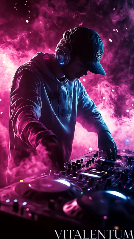 Neon fog curls as a focused DJ sculpts midnight frequencies