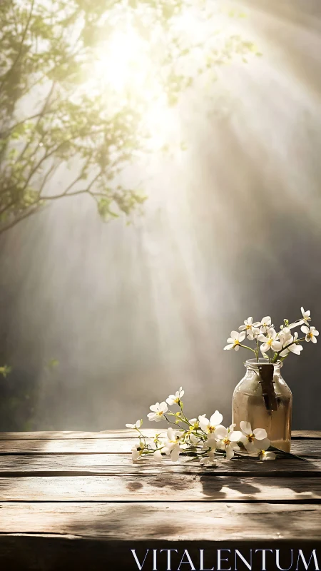 Photographic still life with blossoms on rustic wooden table.