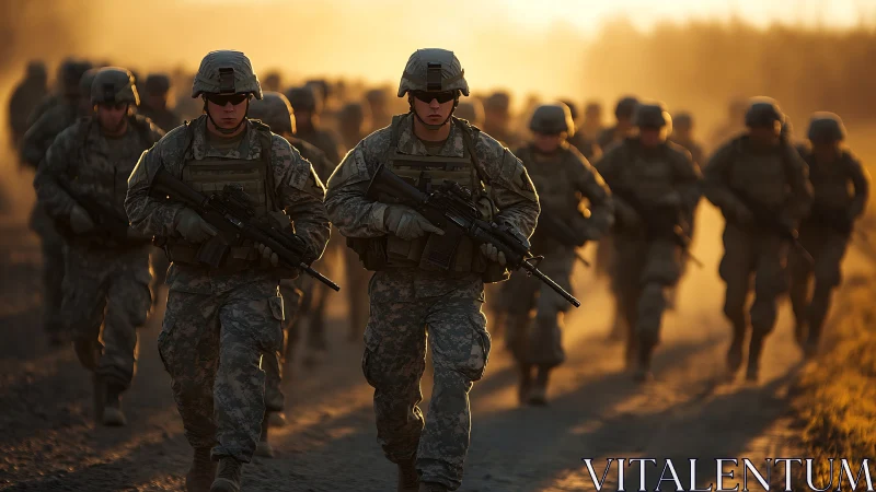 Soldiers conduct armed road march during dusty sunset field